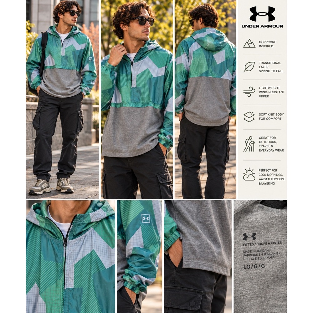Under Armour Men L Hybrid Anorak Hoodie Gorpcore Colorblock Windbreaker Pullover